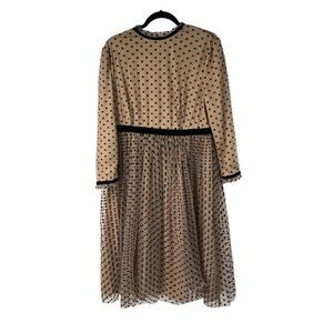 Skirt Society Tan Black Polka Dot Ruffled Neckline Cuff Tulle Long Sleeve Dress
